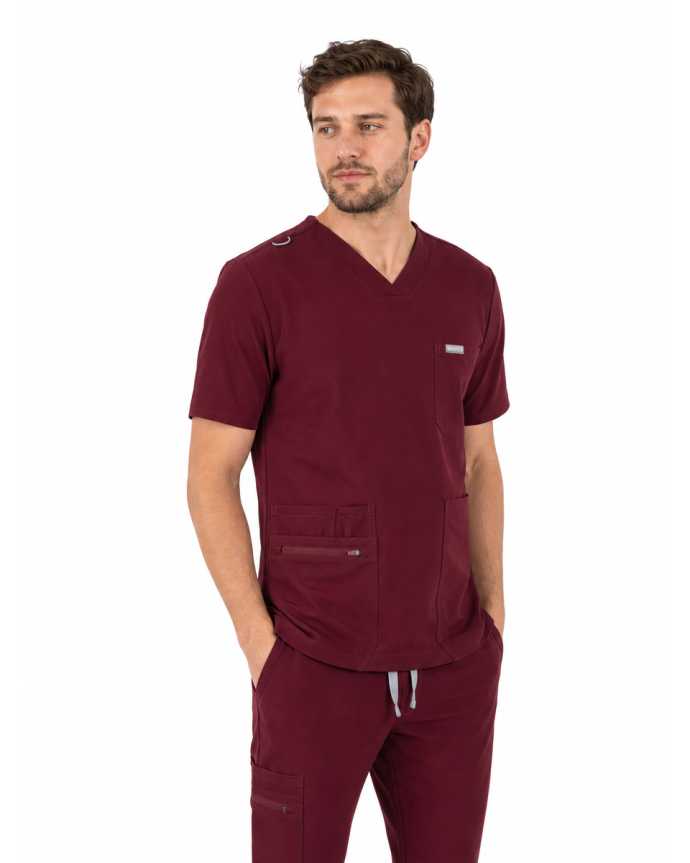 V-Neck Pocket Genius - ScrubTop Men MMT003 Burgundy - MYNTS